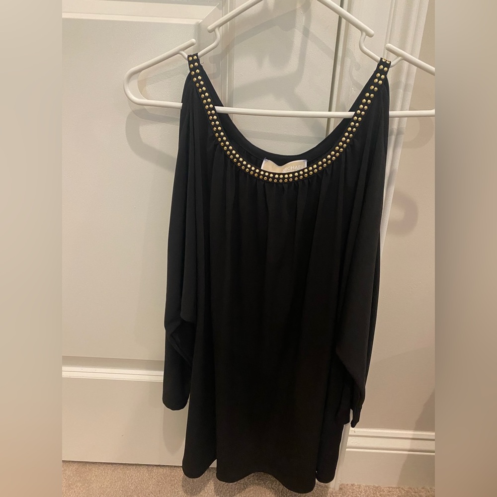 Michael by Michael Kors Women’s Black Dress Top with Gold Beaded Neckline